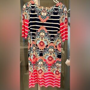 Eliza J Navy, Coral & White Floral Stripe Shift Dress